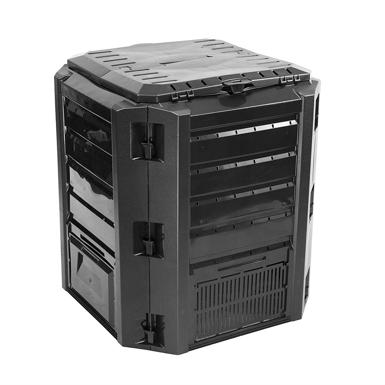 Black 100 Gallon Plastic Compost Bin with Dual Access Hatches and Ventilation